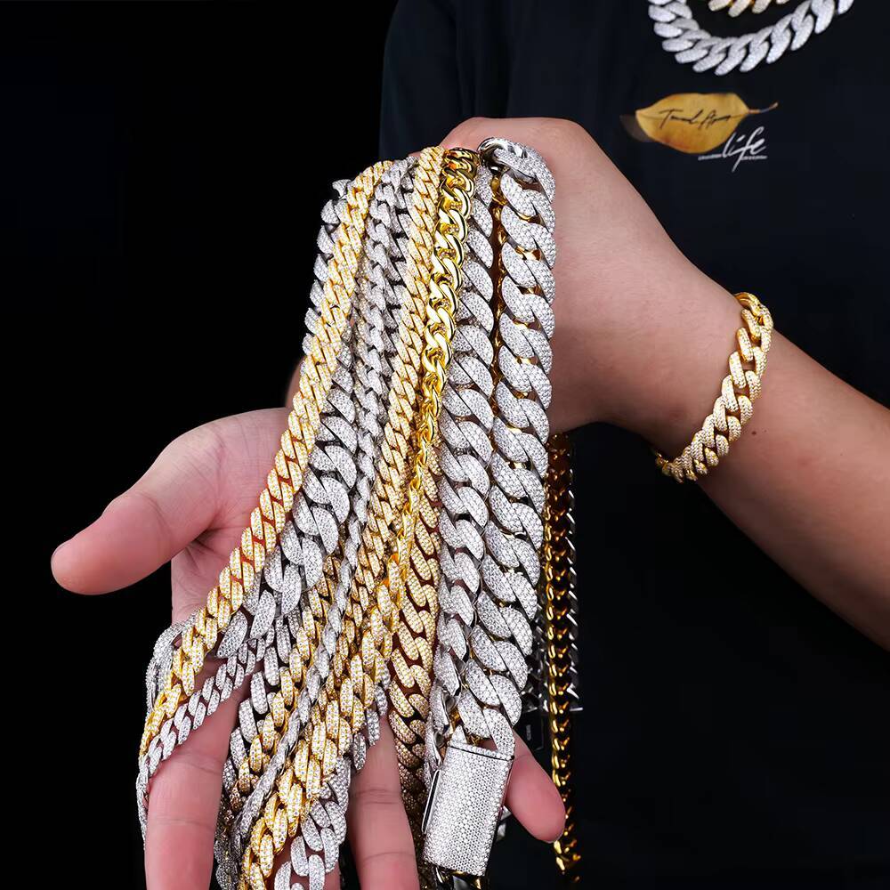 In Stock Wholesale Hiphop Jewelry 8 10 12 14 18 20 mm 925 Silver Iced Out Vvs Moissanite Miami Cuban Link Chain Necklace for Men