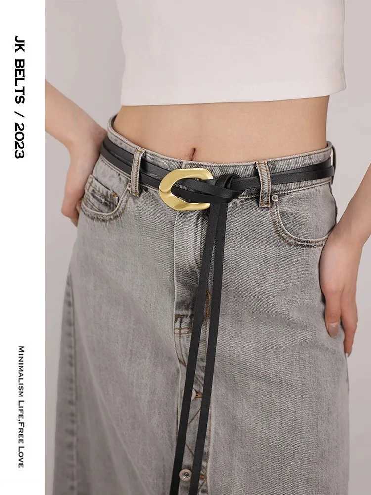Knot Fem waist chain thin belt retro double-layer real belt gold buckle womens fashion belt X250410