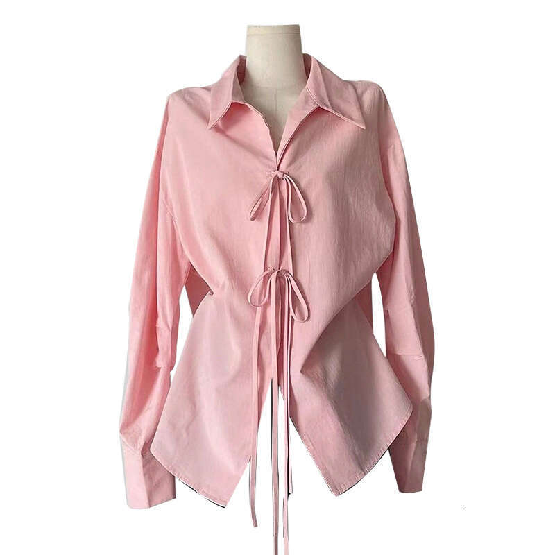 Cross-Border Amazon Foreign Trade European and American Style Elegant Long Sleeve Shirt 2025 Autumn New Solid Color Lace-Up Blouse Cardigan for Women