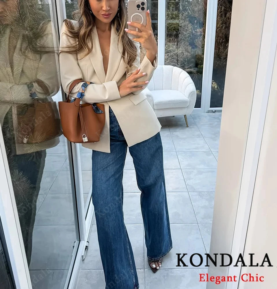 Women Fall Office Slim Blazer Single Button Pockets Beige Black Spring Autumn Fashion Commuter Simple Casual 251106