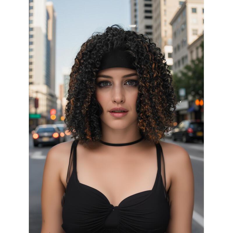 Especially Yours Wig Shoulder-Length Layers Natural Spiral Curls with Full, Bouncy Volume, Comfy Stretch Band/Runway Shades of Black Headband Kinky Cu