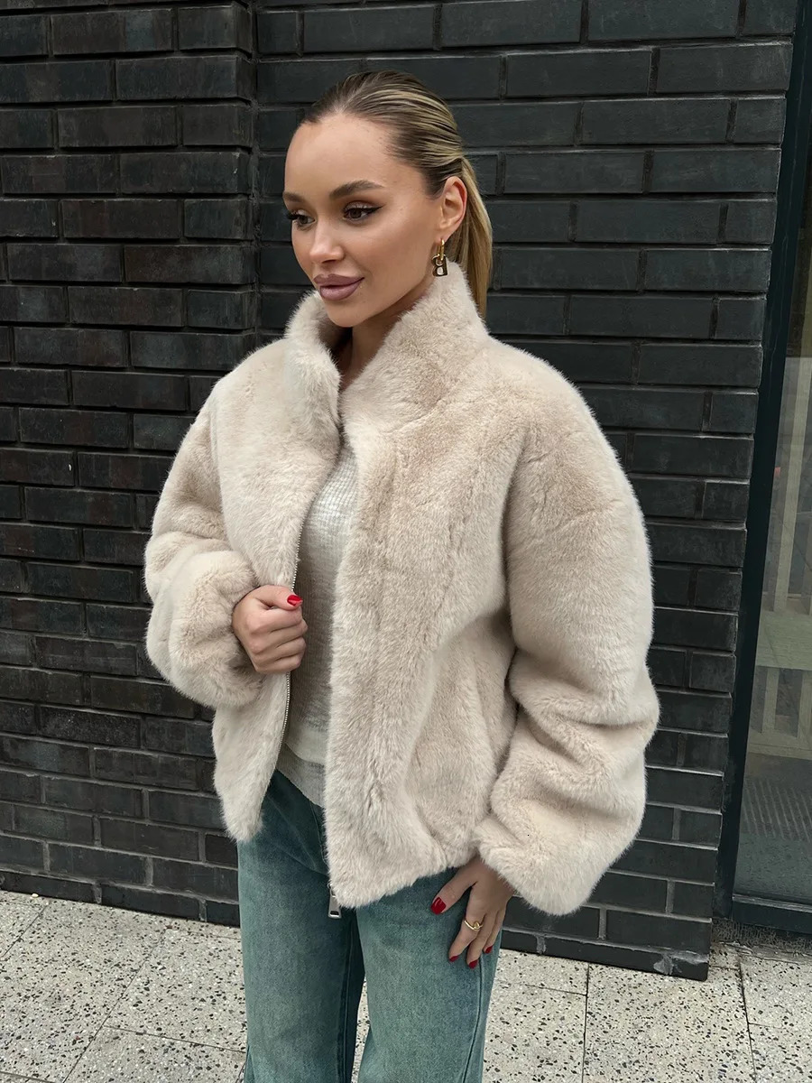 Bornladies Womens Faux Fur Jacket Zipper Warm Plush Coat Oversized Soft Fluffy Stand Up Collar Autumn Winter Casual 251110