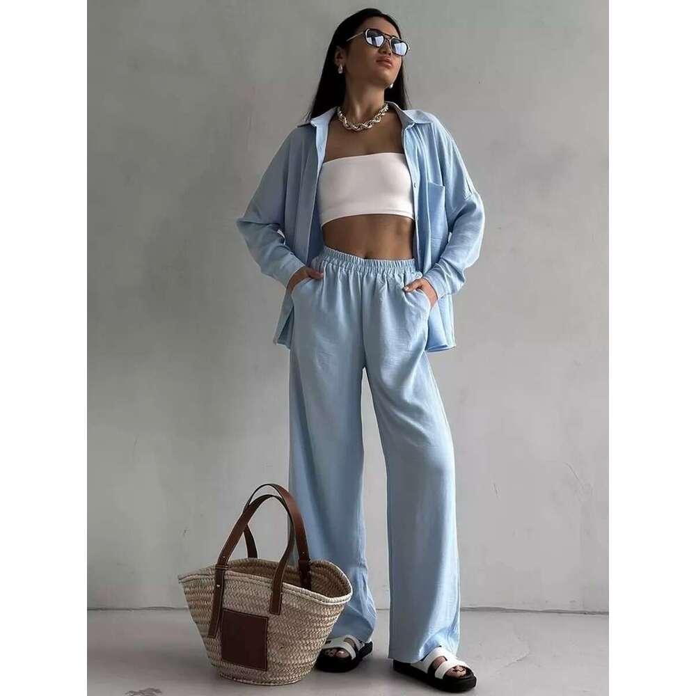 2025 Cross-Border European and American Amazon Women's Solid Color Cardigan Pocket Casual Wide-Leg Pants Set