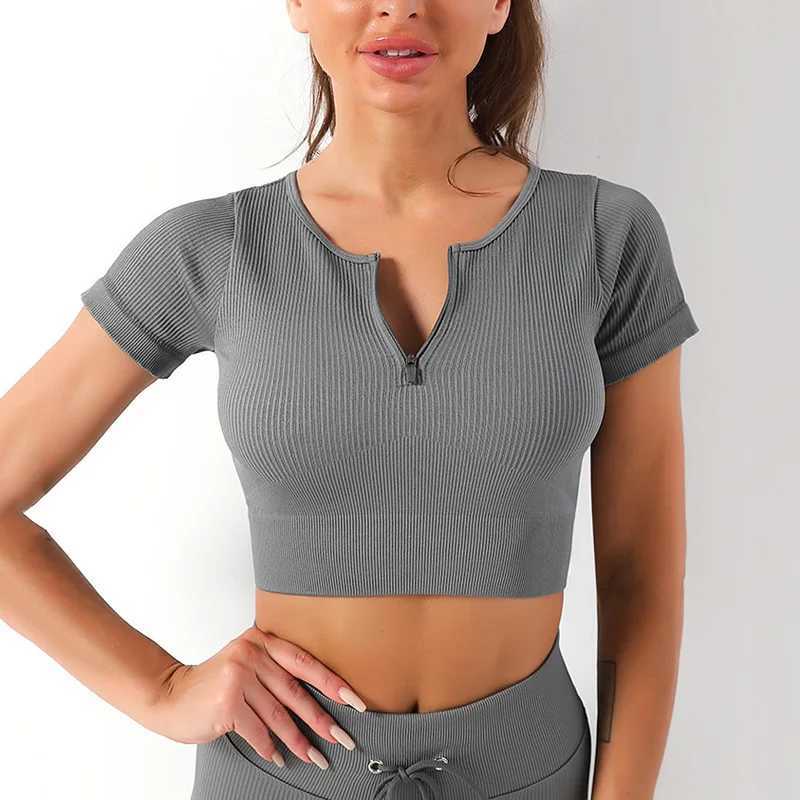 Zipper seamless ribbed yoga shirt womens fitness short sleeved crop top gym sportswear workout clothes running sports T-shirtXJ250410