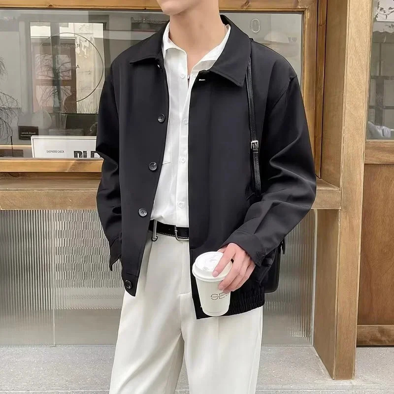 Spring Mens Single Chest Cargo Bomber Jacket Korean Fashion Polo Collar Solid Jacket Retro Street Jacket 250410