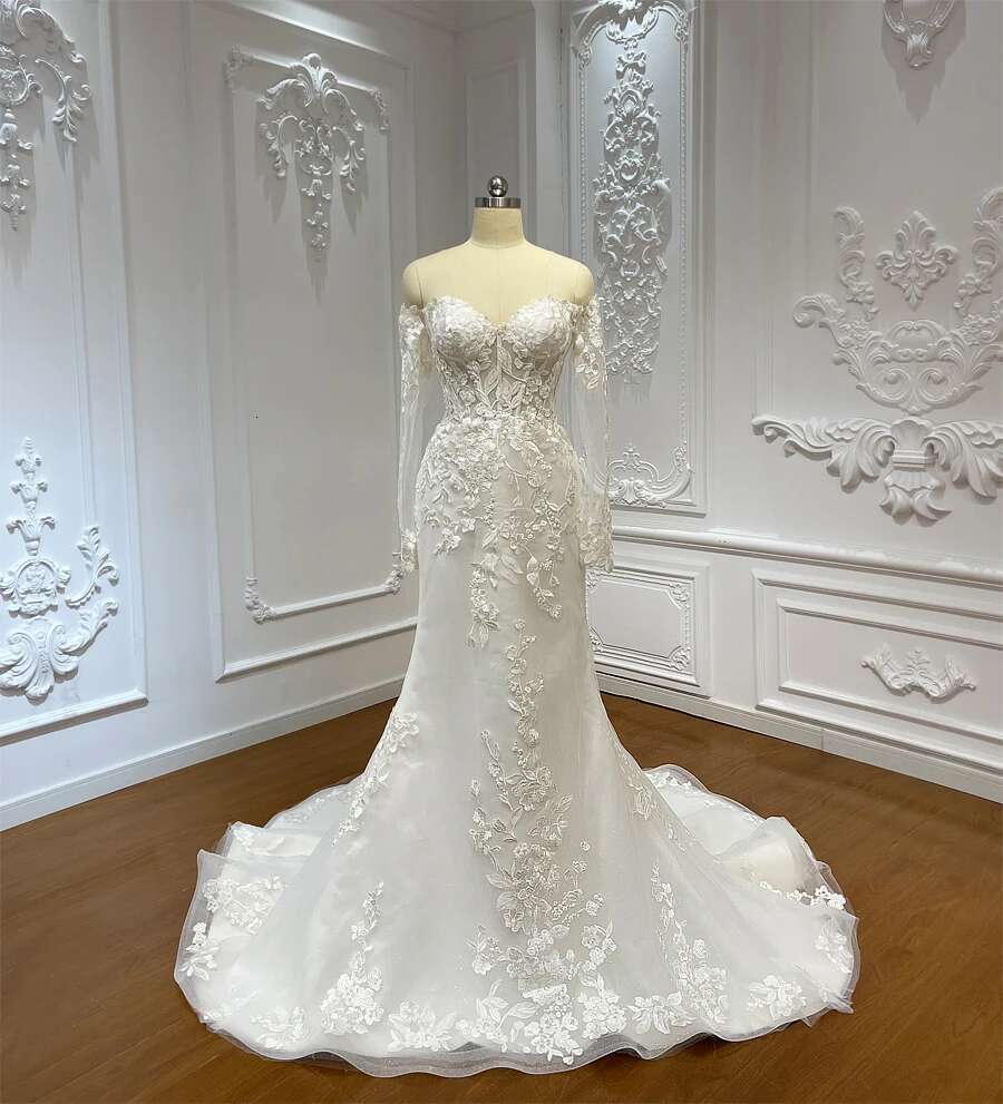Customized M105 Simple Off The Shoulder Applique Lace Mermaid Bridal Dress With Detachable Skirt