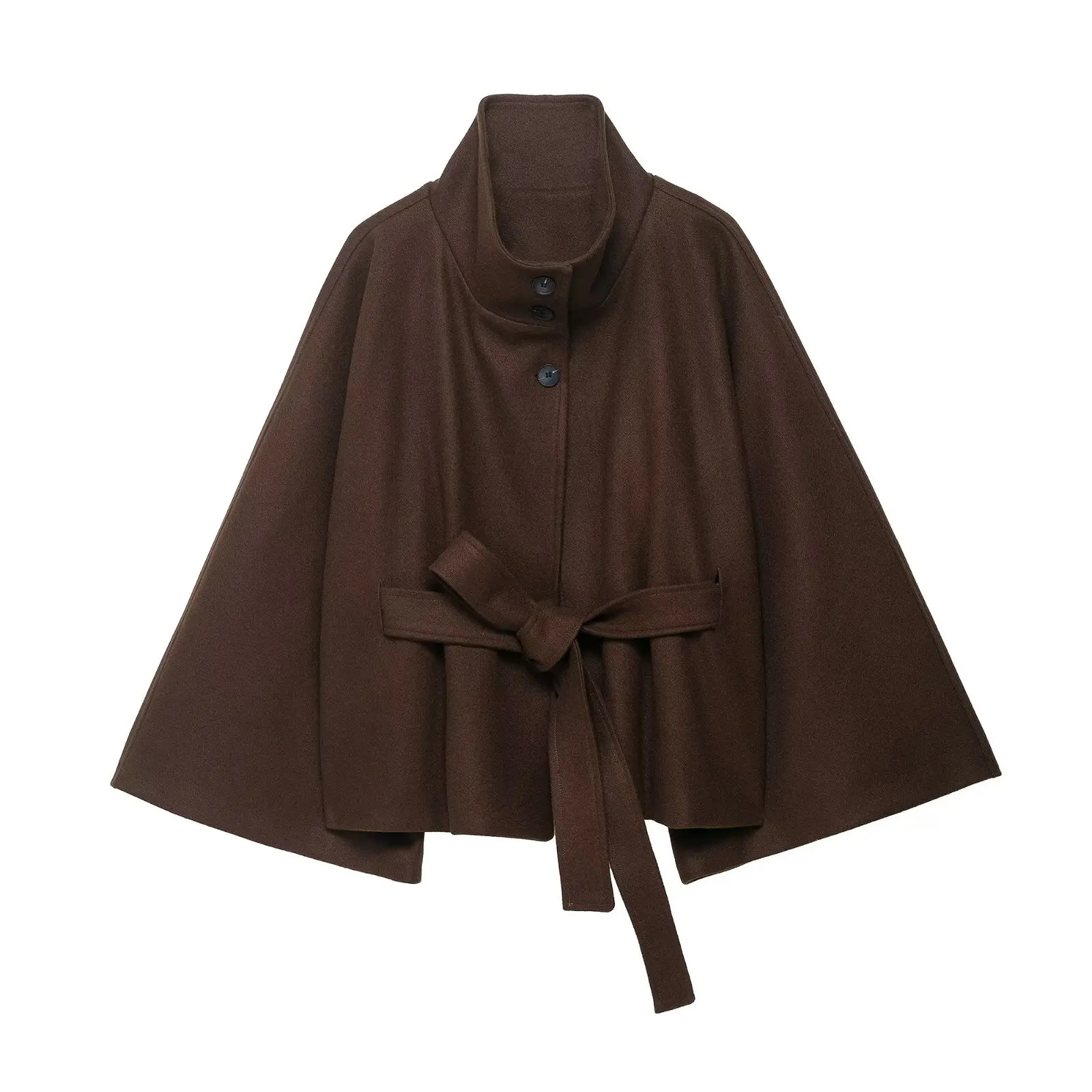 Faux Wool Blend Cloak Jacket Women StandNeck Three Button Wide Sleeves Belt Coats Female Autumn Solid Chic Fashion Outwears 251110