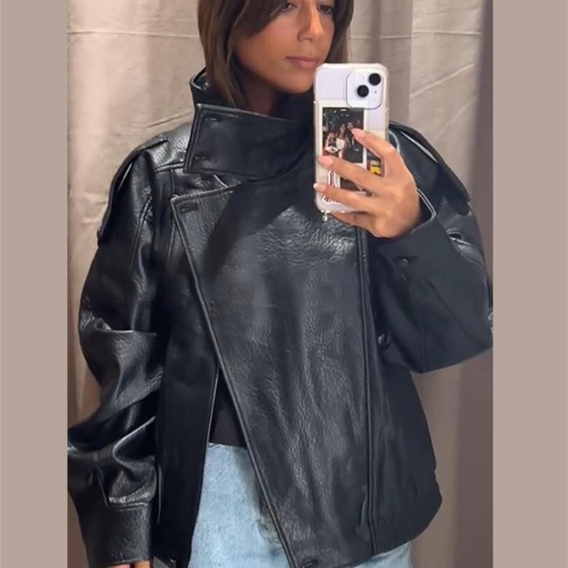 Street Stand Collar Womens Leather Jacket Loose Long Sleeve Zipper Pockets Chic Female Coats Autumn Winter Lady Outerwear 251105