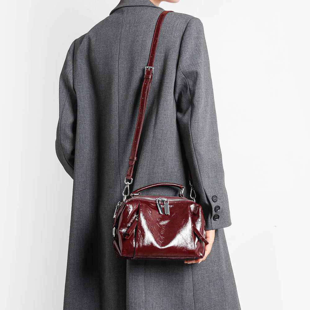 Women's Black Genuine Tote Bag Glossy Full-Grain Crossbody/Handbag With Golden-Tone Hardware, Zipper Closure & Strap - Elegant, Formal, Everyday 