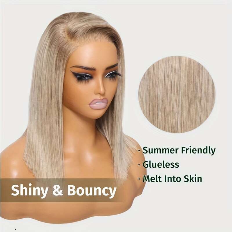 Klaiyi Blonde With Brown Root Wigs Short 7X5 Bye Wig Ready To Wear, Versatile Wig, Quick Hairstyle, Straight Hair, Bob Cut, Realistic Knots