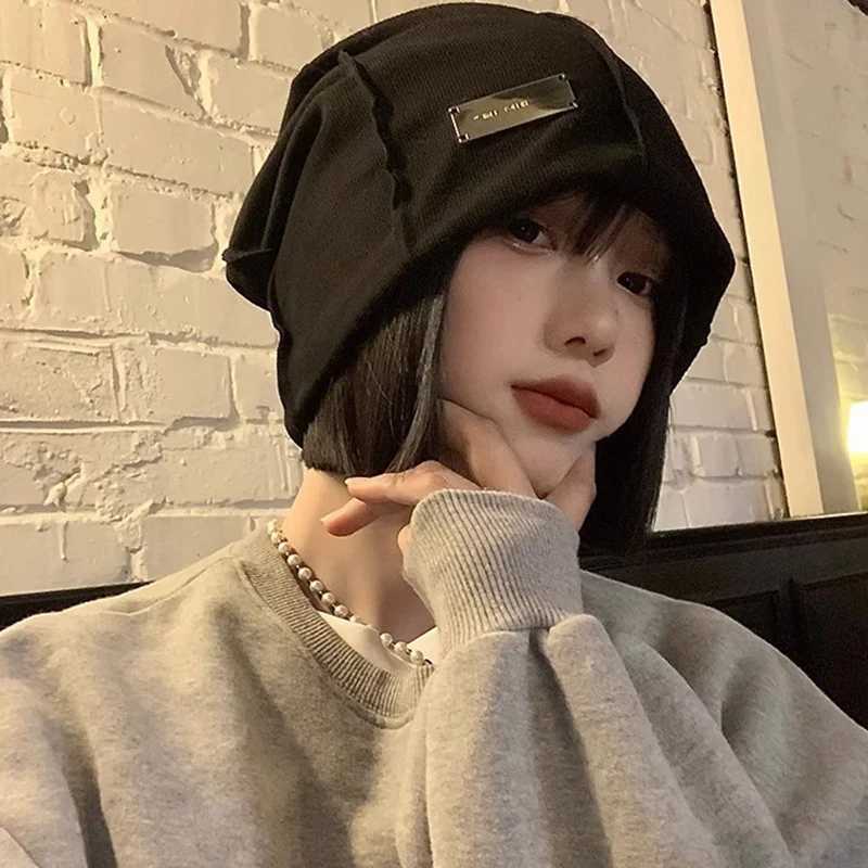 Spring Autumn Women Pullover Cap Fashion Metal Label Baggy Slouchy Beanie Solid Color Skullcap Korean Girl Windproof Warm BonnetXJ251110