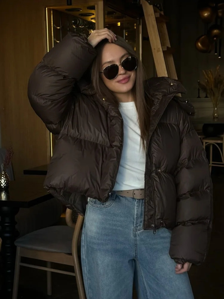 Deep Brown Short Cotton Coat Women Casual Lapel Full Sleeve Single Breasted Loose Jacket Lady 2025 Winter Office Commute Outwear 251107