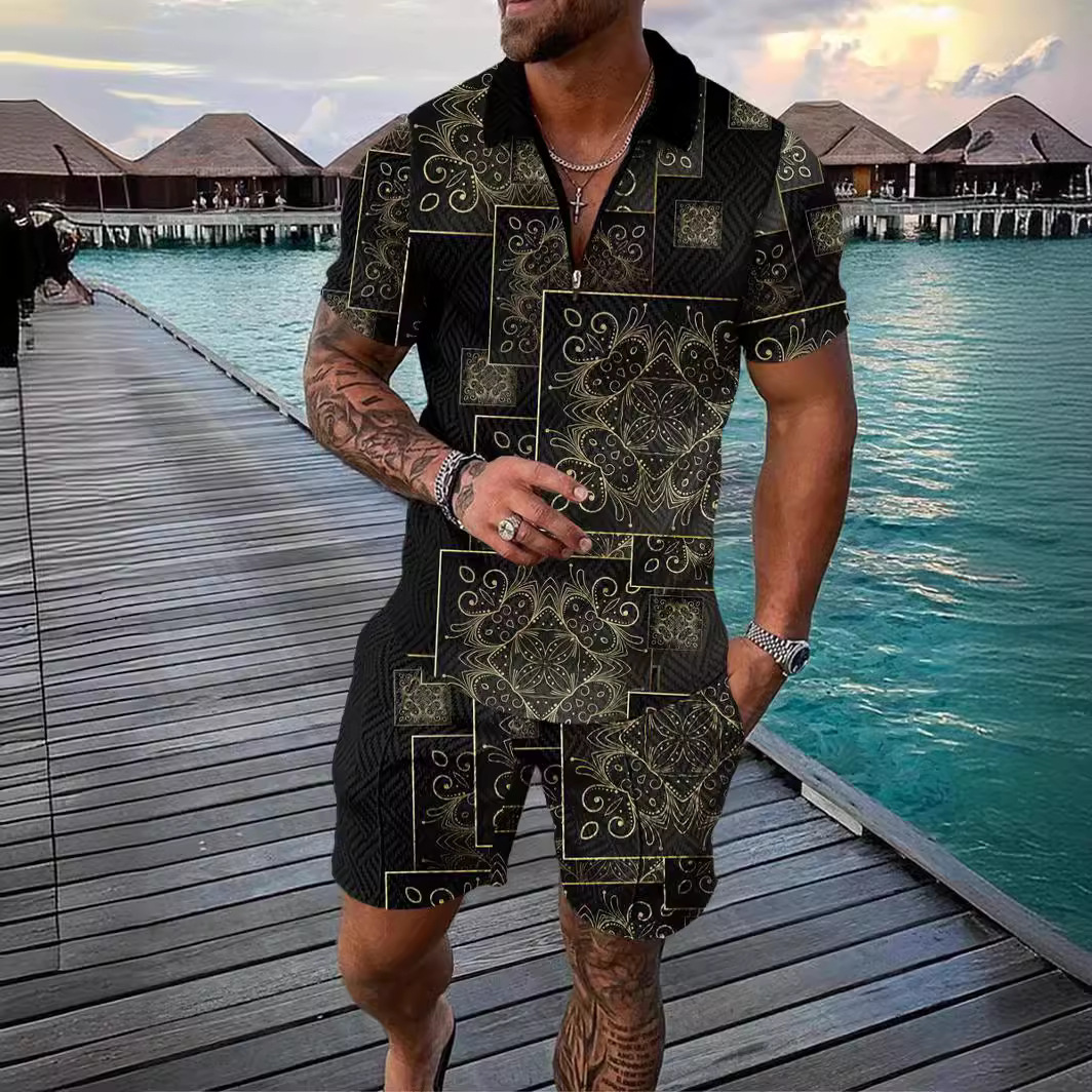 2023 mens new casual color contrast POLO zip polo short sleeve suit