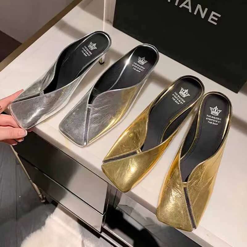 Square Toe High Heels Slippers Women Sandals Summer 2025 Brand Mules Leather Sexy Sgback Shoes Woman Pumps Sandalias