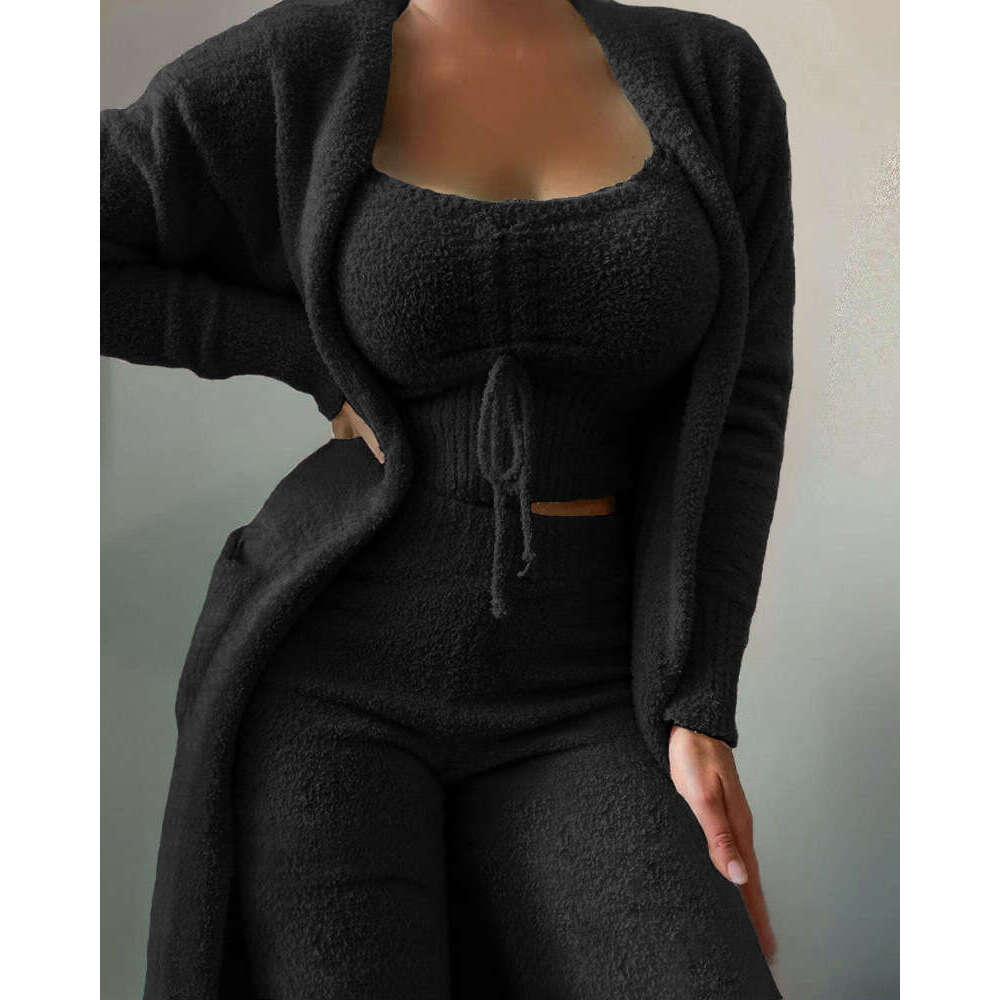 European and American Cross-Border Autumn Winter New Women's Fashion Casual Plush Lace-Up Cardigan 3-Piece Long Pants Set