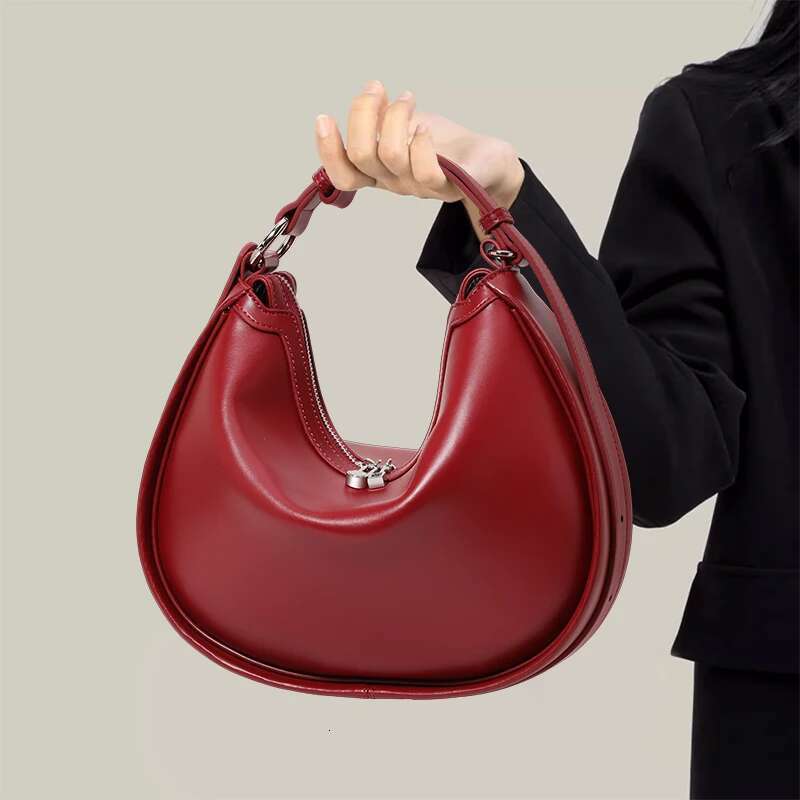 Genuine Crescent Hand-Held Large Capacity Glossy Soft Leather Cross-Body Half-Round Saddle Horn Moon Bag