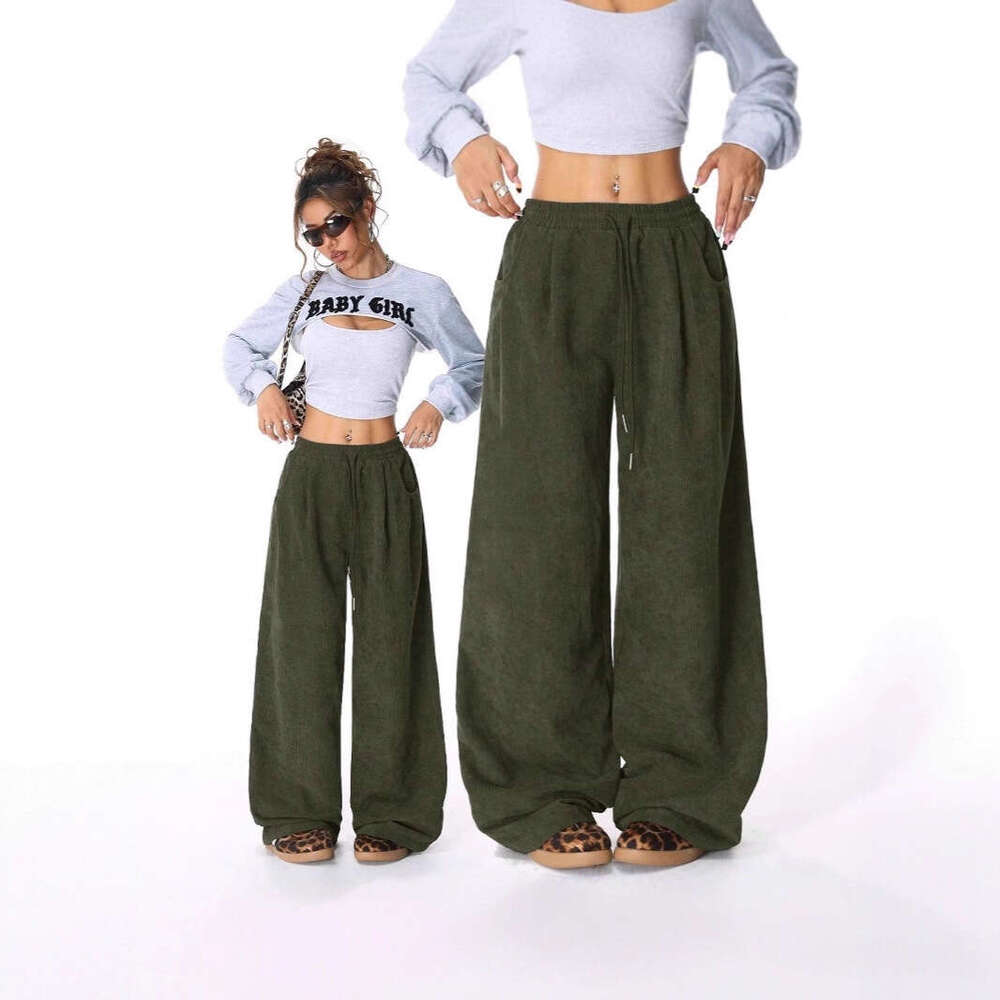 2025 Cross-Border European and American Amazon New Lazy Style High-Waisted Casual Versatile Draped Drawstring Wide-Leg Pants