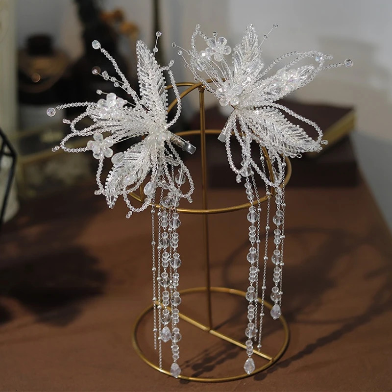 Mori Crystal Beaded Edge Clip Hair Wearing Ears Hanging Bridal Headwear Wedding Hair Jewelry 250409