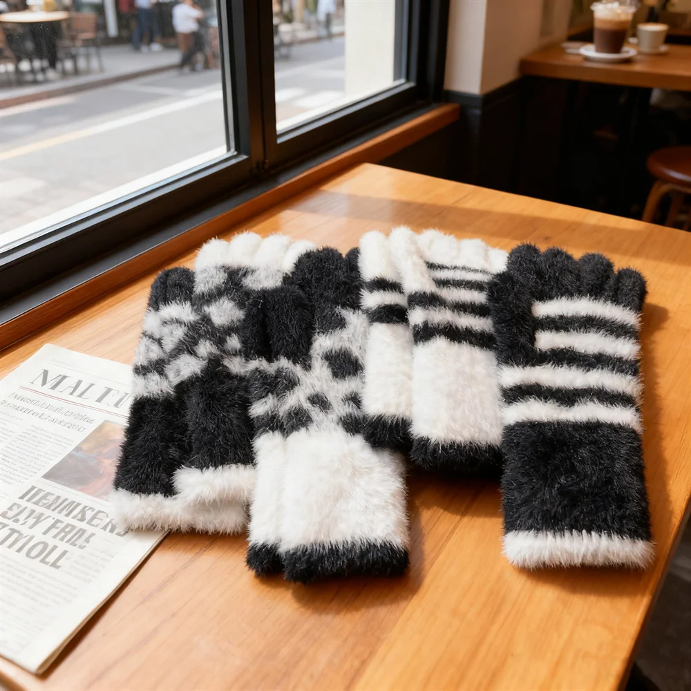 Winter Fashion Black and White Leopard Print Plush Knitted Gloves Adult Touch Screen Ins Riding Thickened Warm Five Fingers 251106
