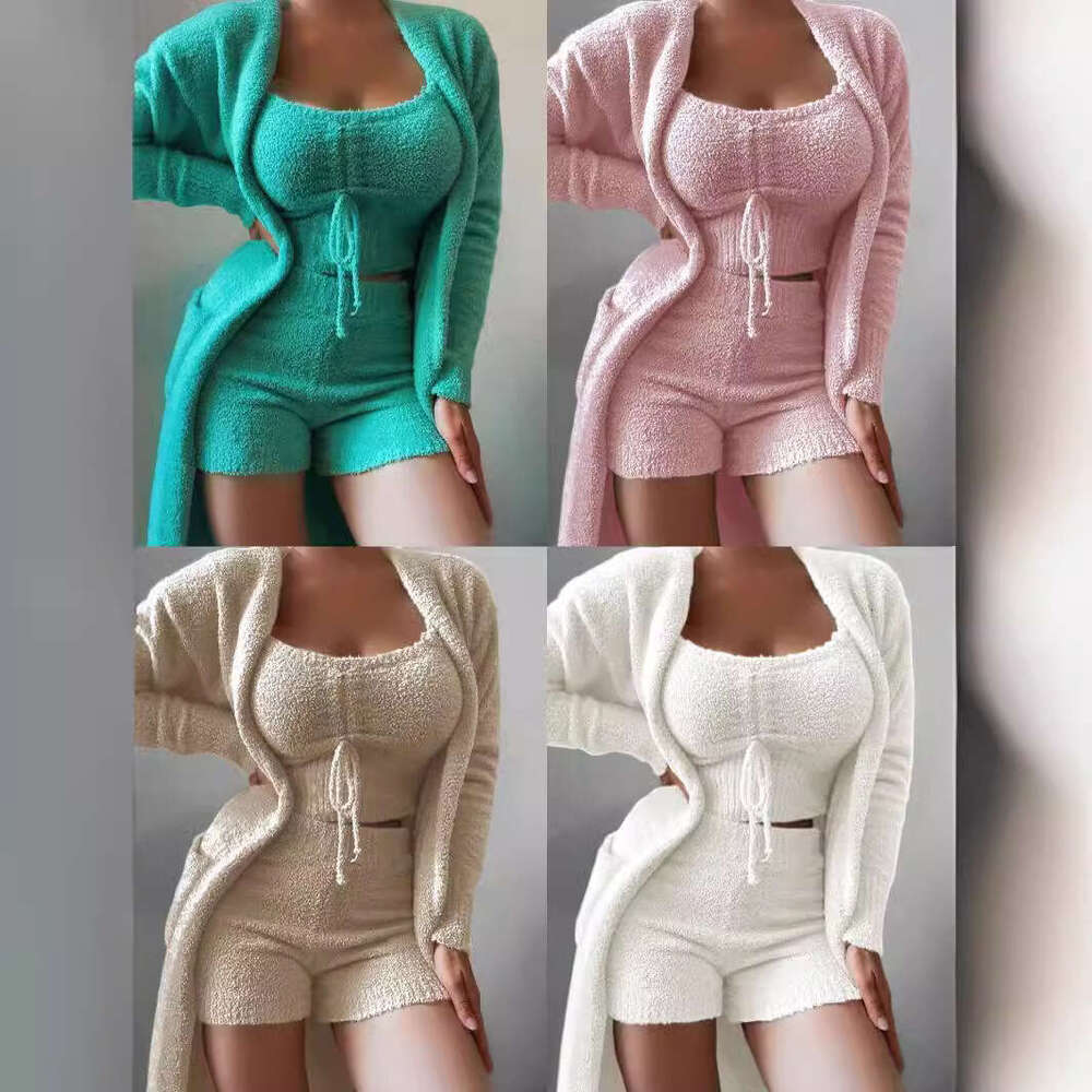 2025 New Cross-Border Women's Plush Three-Piece Lace-Up Pajama Casual Set Homewear One-Piece Dropshipping