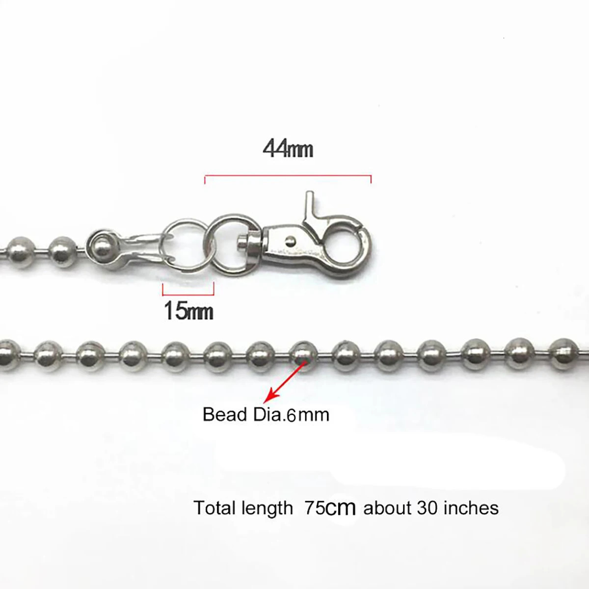 30 inch Gothic Punk Bicycle Wallet Jean Trouser 6mm Large Ball Chain Keychain Spring Buckle Silver Plated 250410