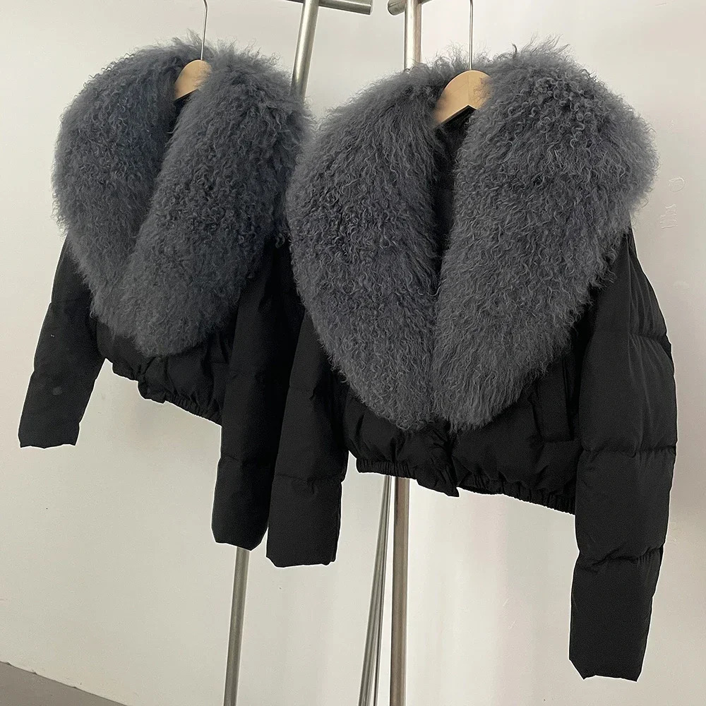 OFTBUY Fur Waterproof PU Puffer Jacket Short Large Mongolian Collar Coat Women White Duck Down Winter Parkas Female 251110