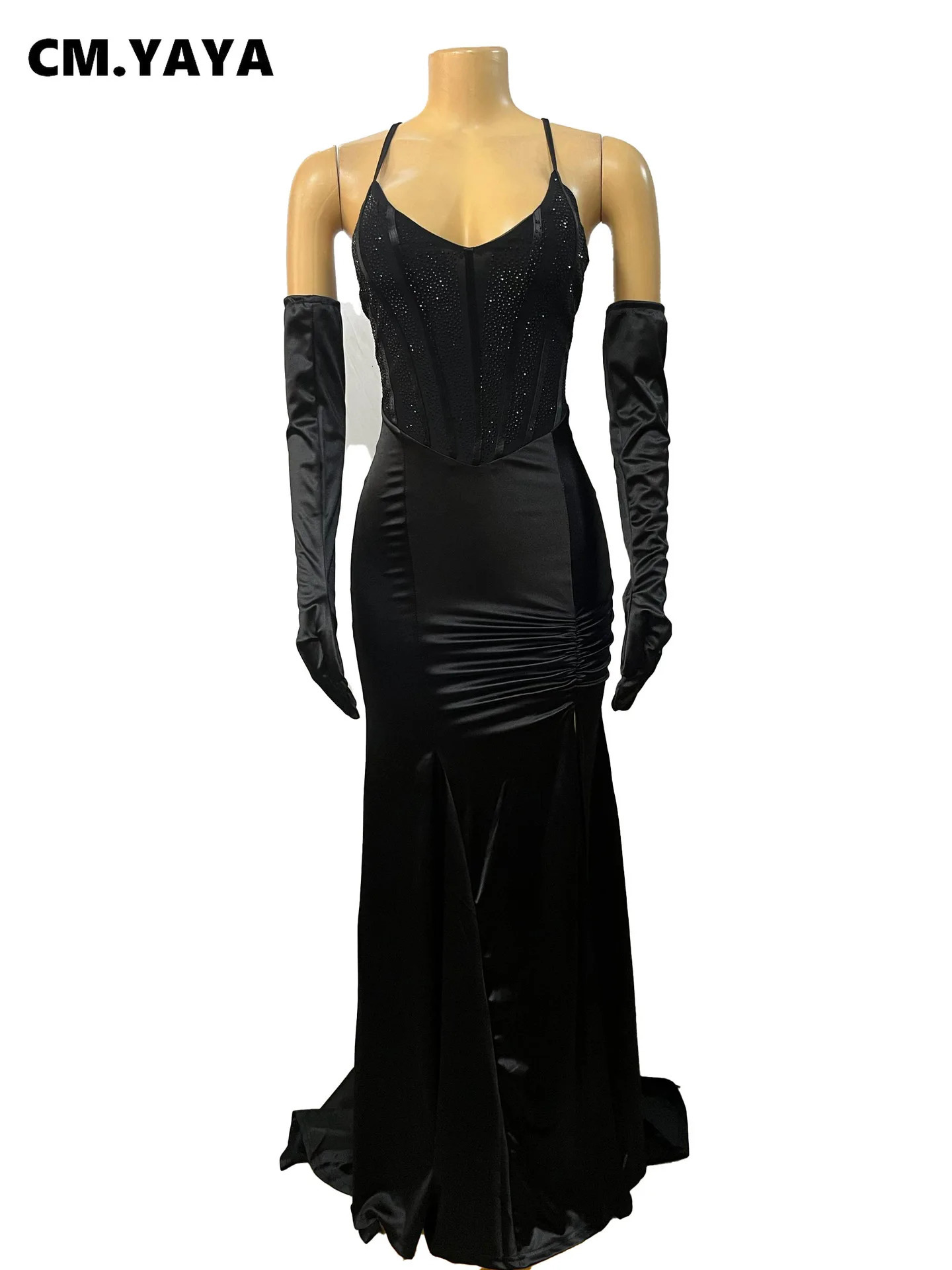CM. YAYA Womens Diamond Sparkle Long Sleeve Gloves Bodycon Long Mermaid Maxi Dress Birthday Evening Sexy Party Dress Vestitos 250403