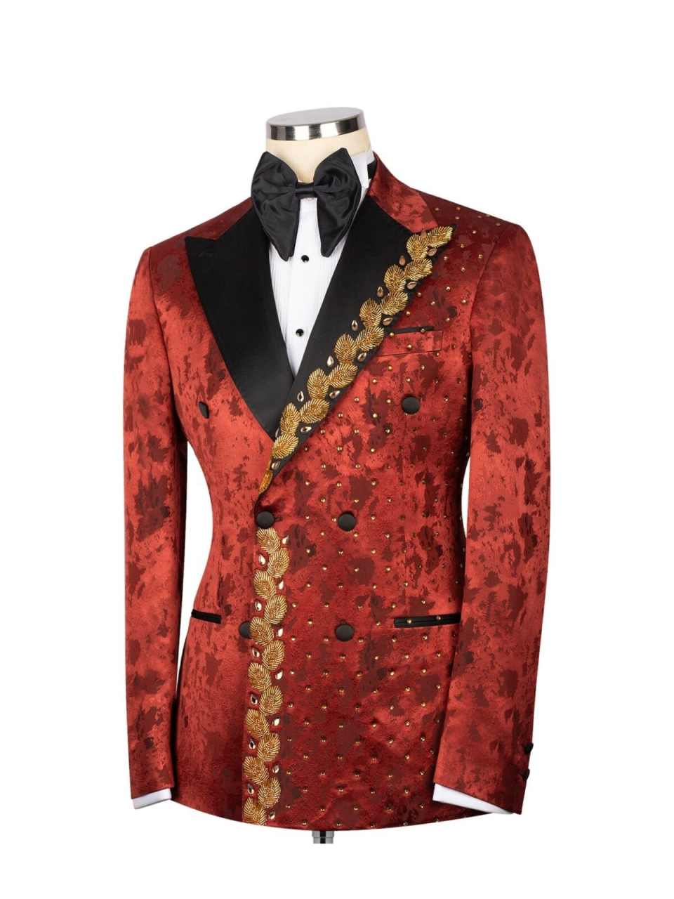 Fashion Beading Men's Wedding Tuxedos Double Breasted Peaked Lapel Pants Sets Jacquard Crystals Special Occasion Custom Made