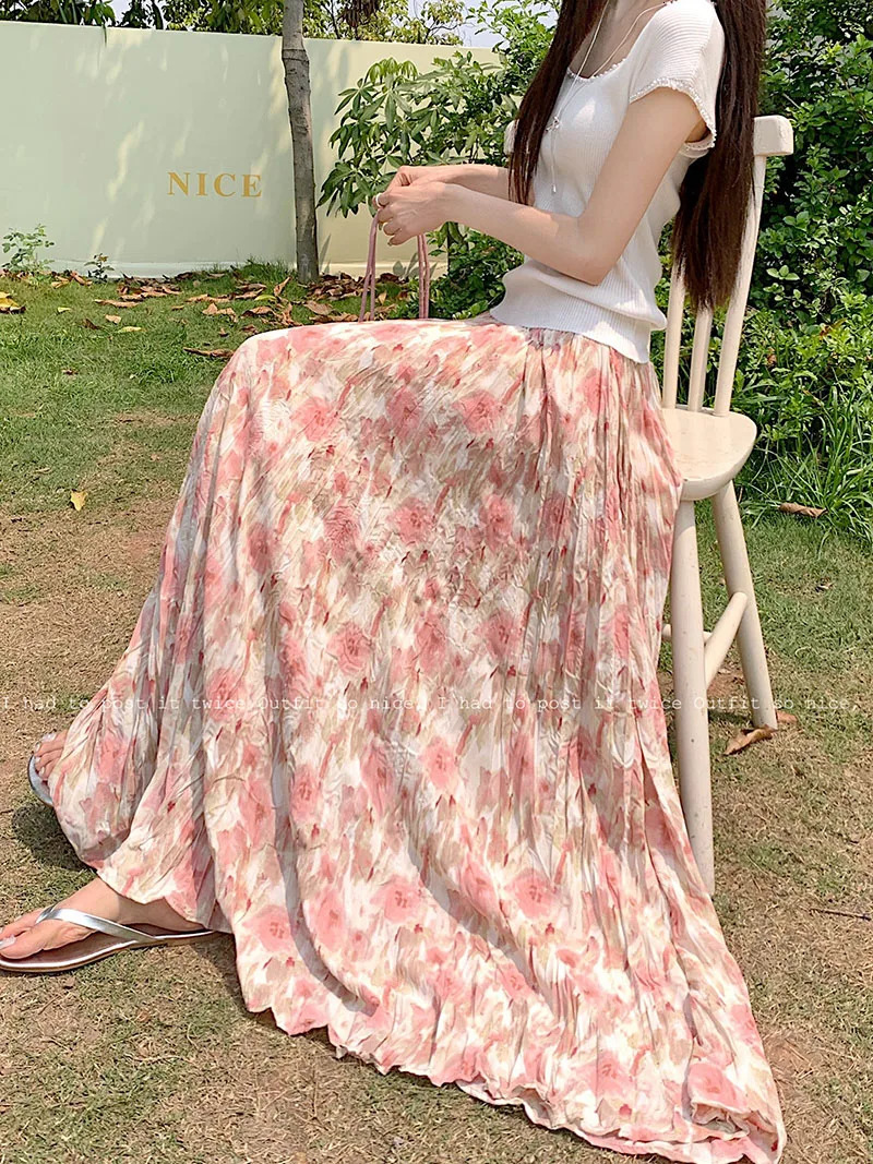 Spring pleated printed skiing womens Korean fashion holiday long festival elegant high waisted slim fairy skirt 250410