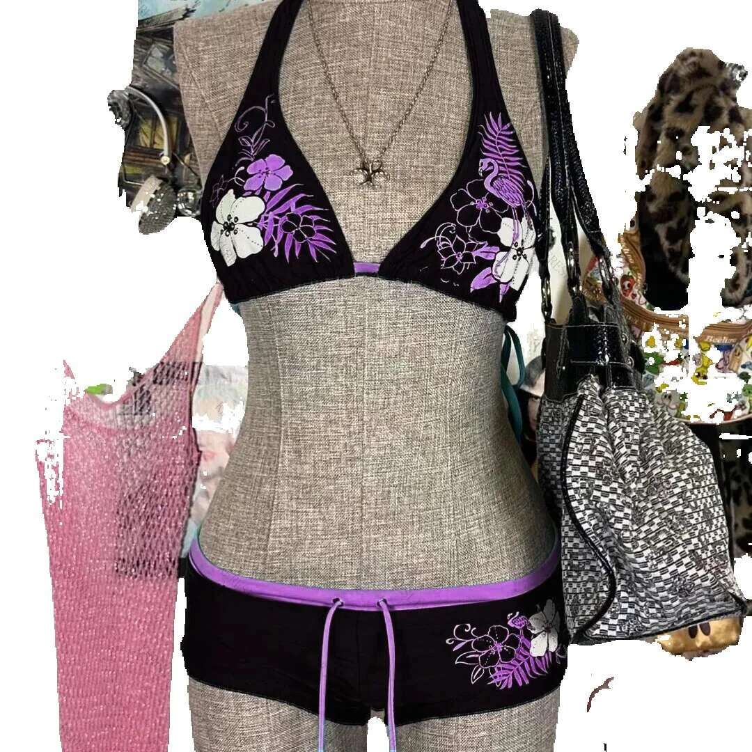 Retro printed women's swimsuit, 2-piece set, bikini, sexy, suspender straps, fashionable, beachwear, commercial street, 2000