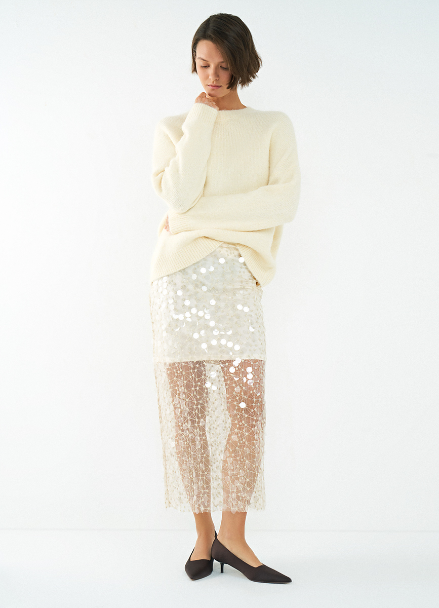 Women's Beige Sequin Straight Midi Skirt, Back Slit Zip Closure Party Skirt