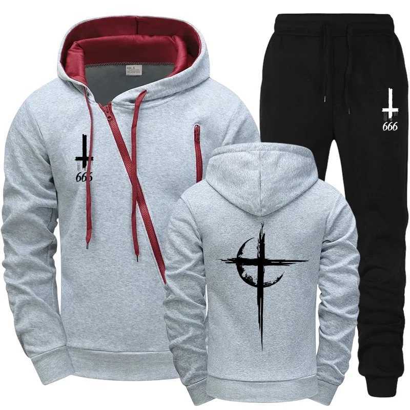 2025 Satan Cross Style Mens Tracksuit Diagonal Zipper Hoodie and Sweatpants Motorcycle Riding Outfit Urban Sweatshirt Streetwear W251110