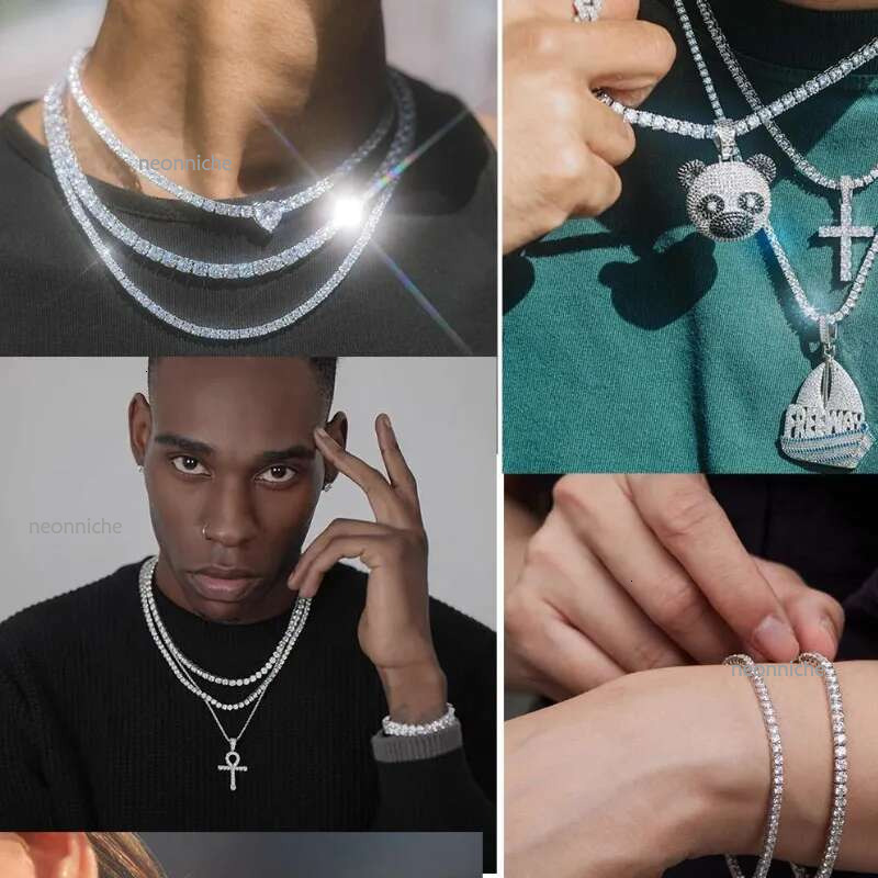 Pass Dia Test 3mm Mossanite Hip Hop Necklace VVS Moissanite Tennis Chain Bracelets Men and women Fashion wear