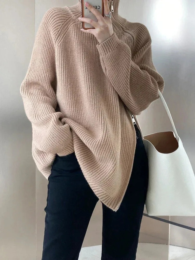 Womens Turtleneck Zipper Oversize Fashion Women Sweaters 2025 Autumn Knitwears Loose Thick Warm High Neck Solid Pullovers Women 251106