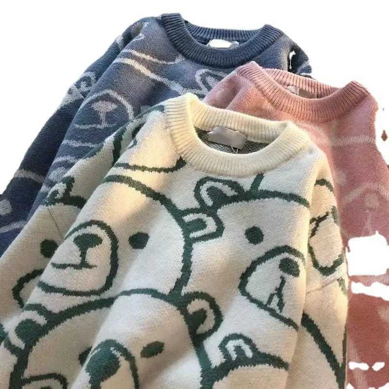 Fashion Hong Kong Style Couple Bear Sweater Mens Autumn Winter 2022 New Idle Style Jacket Student Loose-fit Knitted Top For Men Women Y251110
