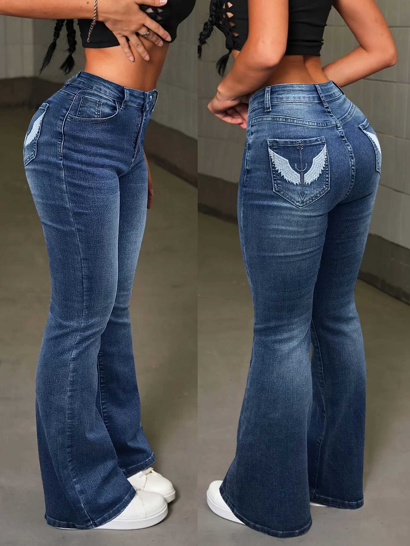 Y2k Casual Stretchy High Waist Wings Embroidered Flare Leg Jeans Sexy Retro Pocket Skinny Fitted Festival Jeans For Women C251110