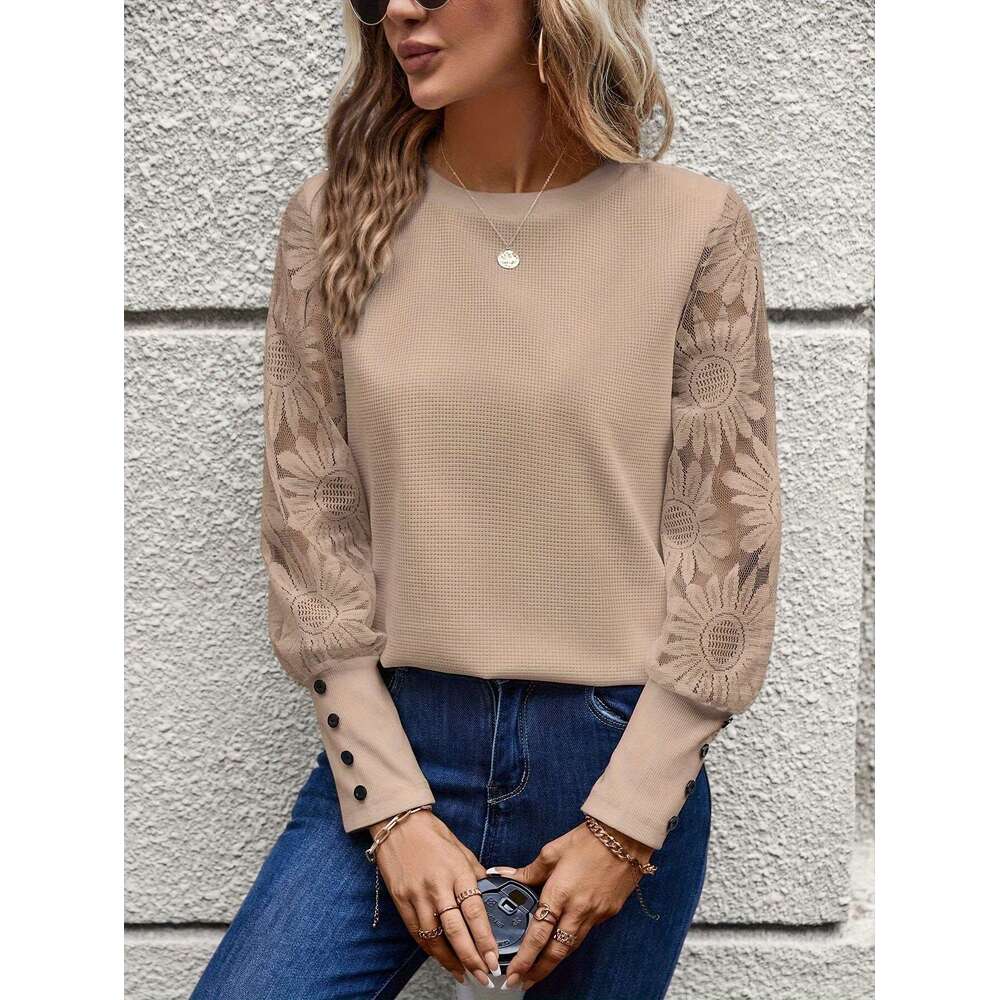 2024 Autumn Hot-Selling European and American Foreign Trade Amazon Solid Color Long Sleeve Embroidered Lace Patchwork Waffle Round Neck Top