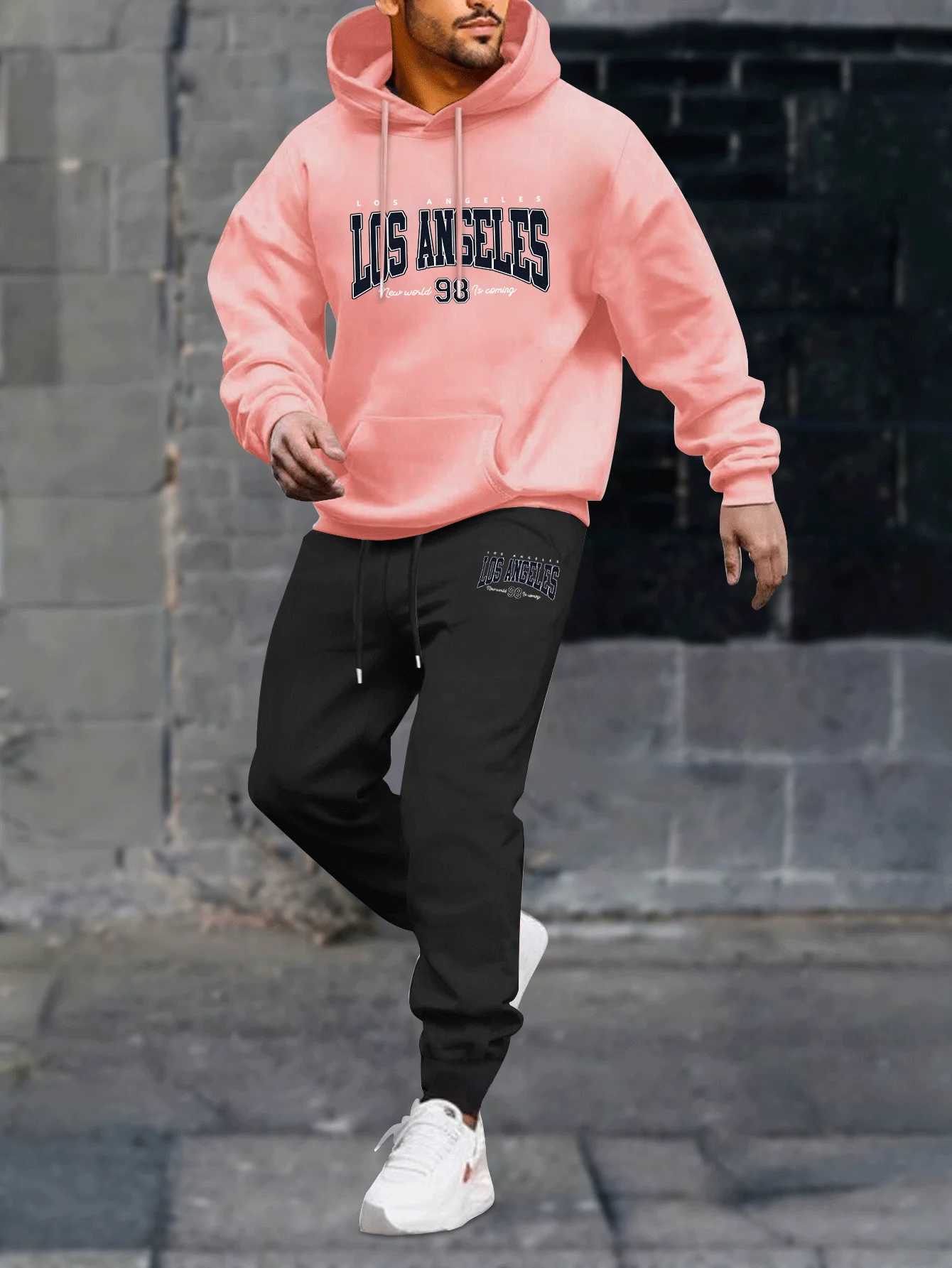 Mens 2-piece set casual round-neck long-sleeved hooded sweatshirt and sports pants jogging pants outfit for winter and autumn W251110