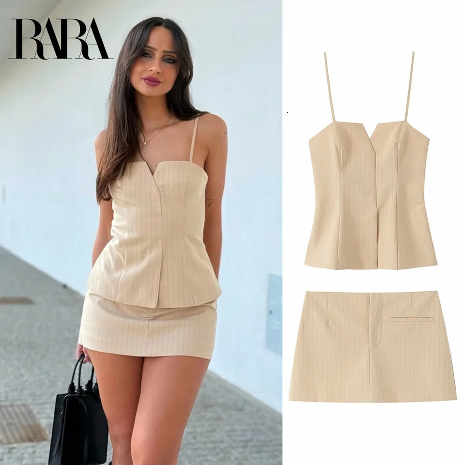 arrival of RARA summer womens pleated striped slim suspension top high waisted Aline mini skirt 250410