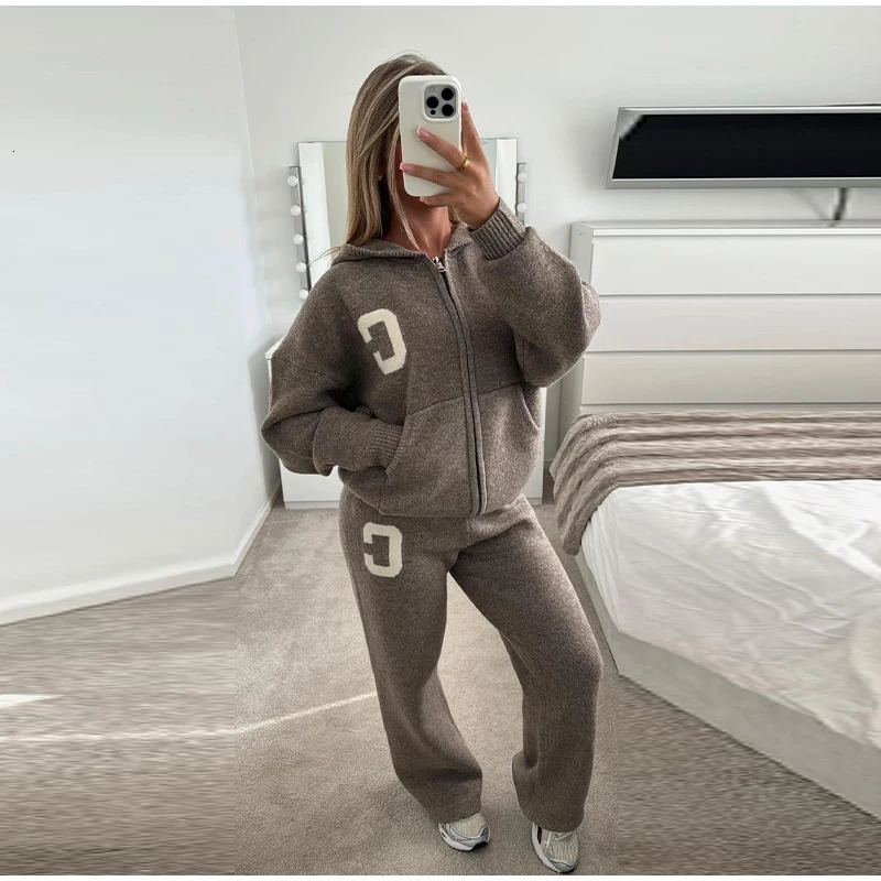 Knitted Womens Pant Sets Hooded Long Sleeve Dropped Shoulder Zipper Female Jacket Solid Elastic Waist Straight Pants For Ladies 251110