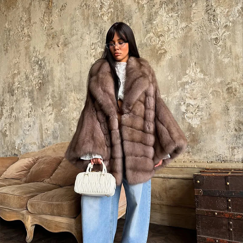 Fashion Fluffy Faux Fur Coats Women Solid Lapel Long Sleeve Suede Loose Pleated Cardigan Jacket Winter High Street Outerwears 251110