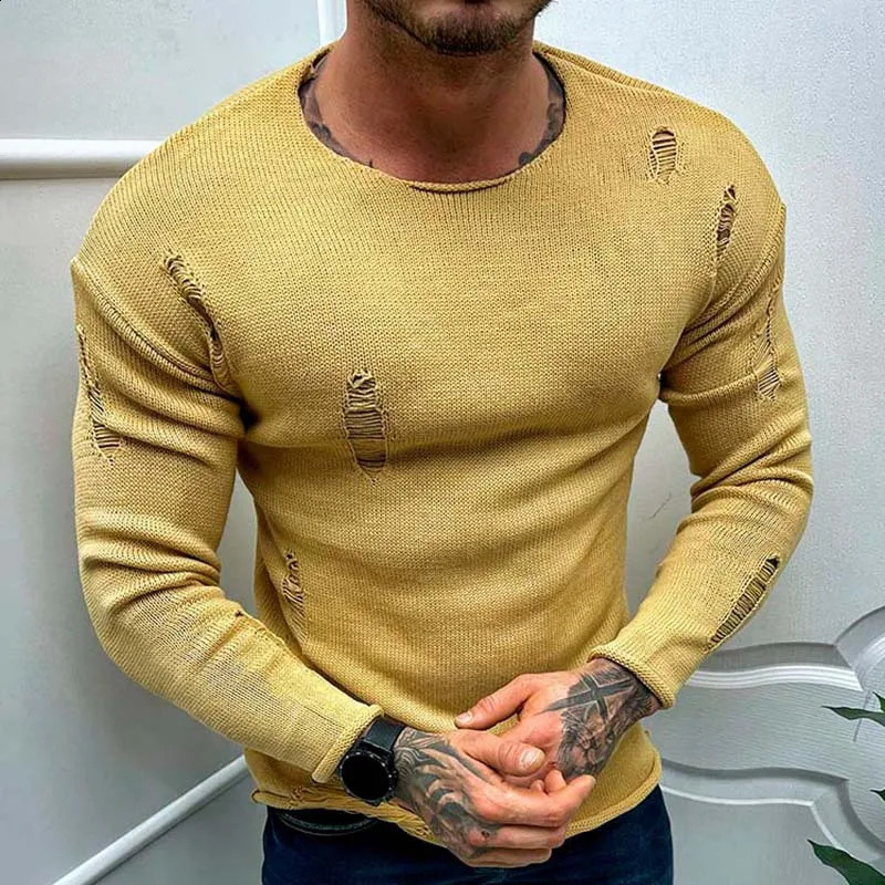 European American mens summer fashion perforated knitted sweater with round neck long sleeves thin base shirt top 250407