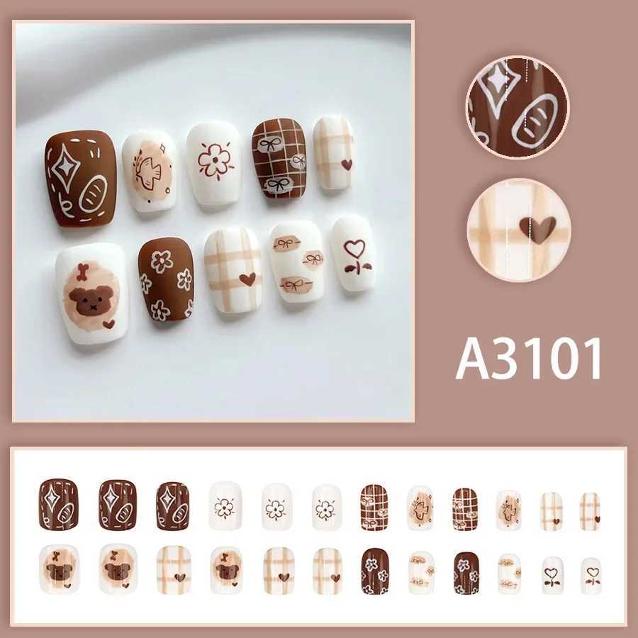 Brown cute bear fake nails with jelly stickers pressed on top of the fake nails wearable round headed oval shaped fully covered nail tips W250410