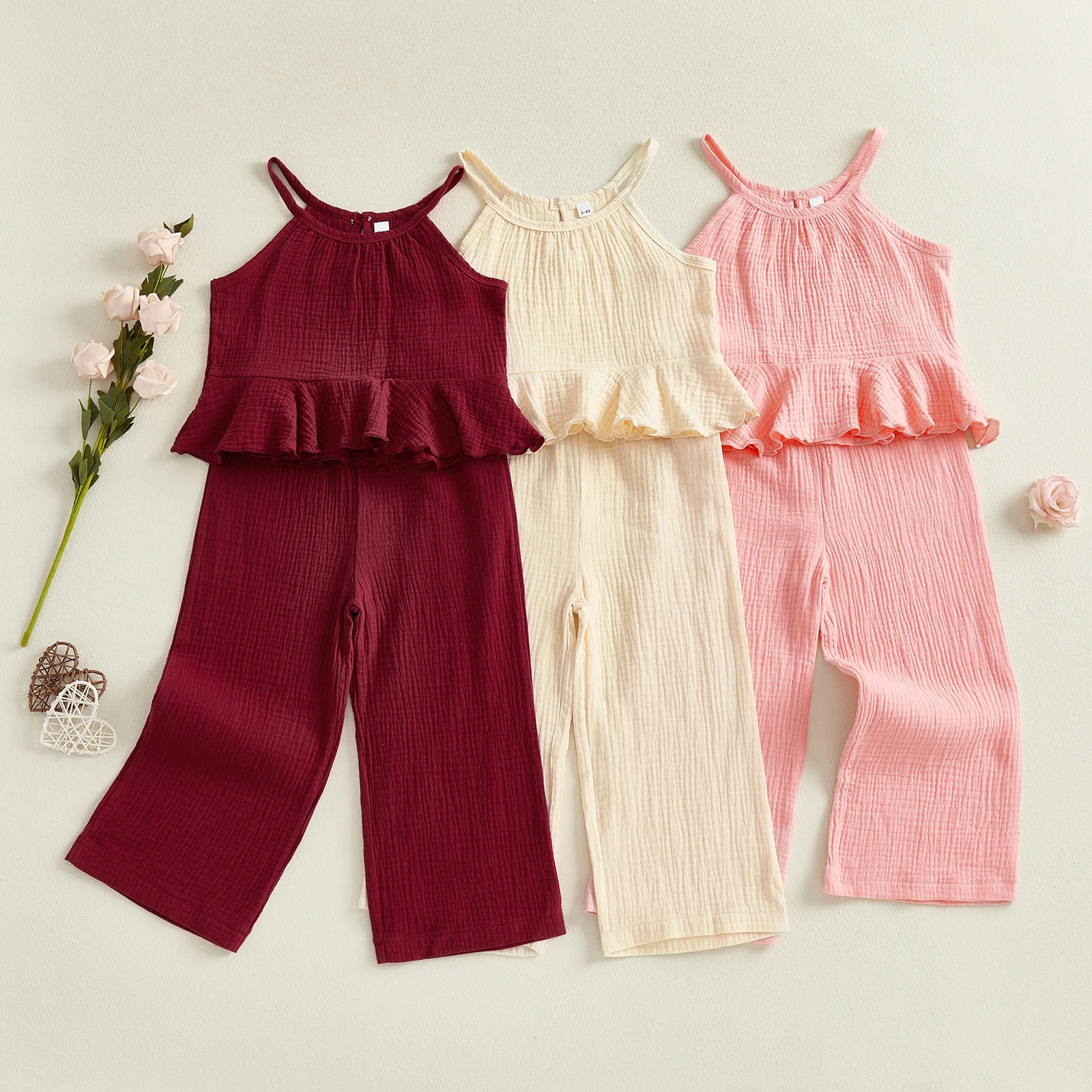 Summer Cotton Linen Baby Girl 2PCS Summer Set Sleeveless Ruffle Cami TopWide Leg Pants Set Casual Preschool Clothing Set 250409