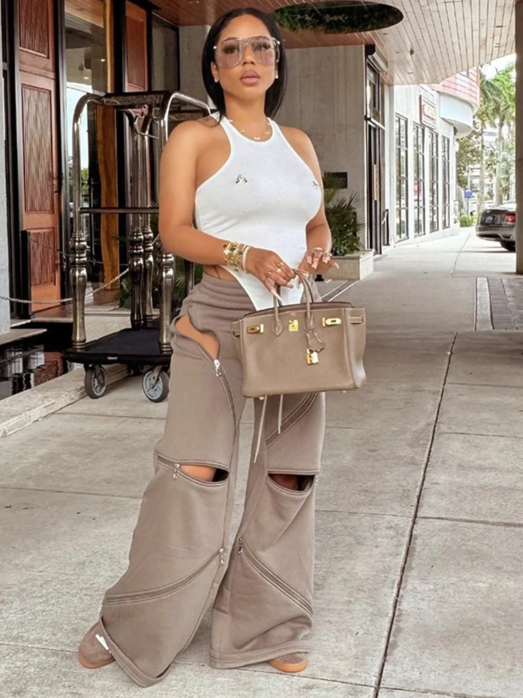 Weird Puss Zip Patchwork Pants Women Casual Sporty Solid Chic Devise Irregular Spring Fashion Basic Hipster Wide-Leg Trousers 250409
