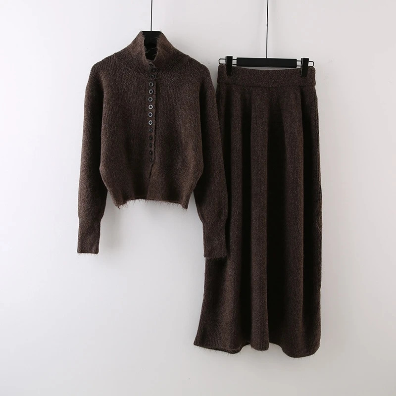 LANMREM Winter Soft Womens Sweater Two Pieces Set SingleBreasted Knitted Top And Elastic Waist Straight Skirt 2DB4274 251110