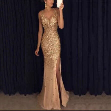 2025 Autumn Winter Foreign New Slit Gold Stamping Long Night club maxi dress Gown SEXY DRESSES FOR WOMEN