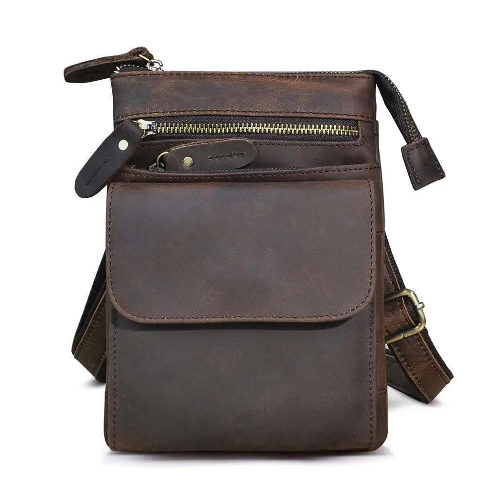 Top Quality Crazy Horse Leather Male Casual Design One Shoulder Messenger Bag Fashion 8" Satchel Summer Small Phone Bag 6553