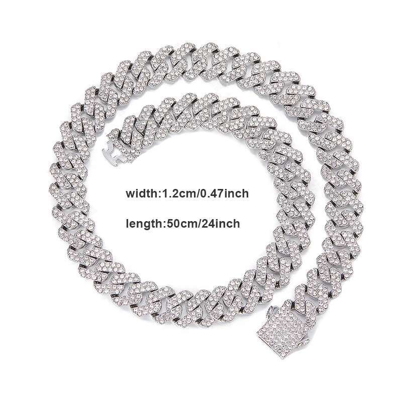 12MM Hip Hop Rhomboid Solid iced out Cuban Chain Silvery Plate Necklace for Men and Women Christmas Jewelry Gift