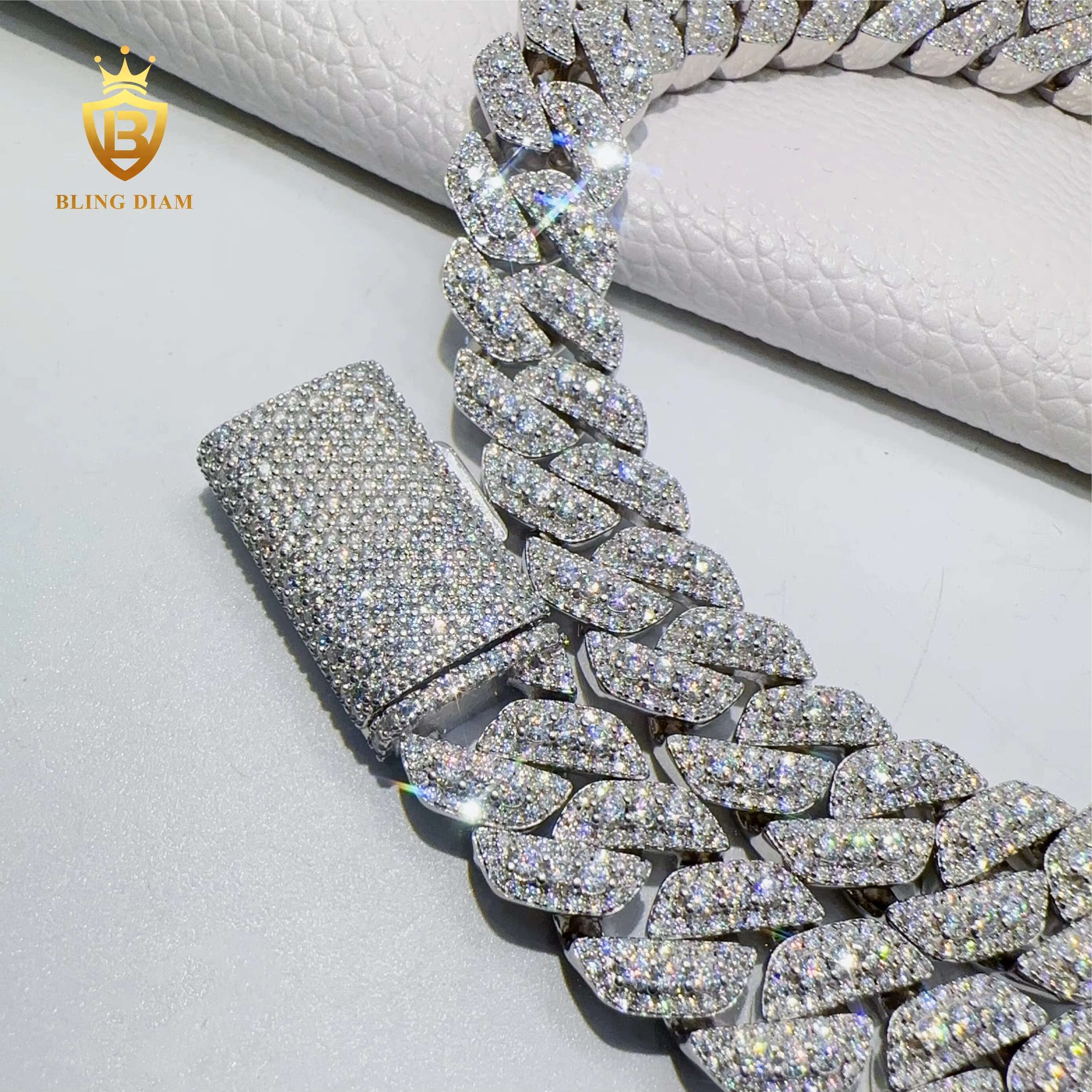 High Quality Custom Hip Hop Jewelry 15mm Iced Out Heavy Cuban Link Chain VVS Moissanite 925 Sterling Silver Hiphop Chain